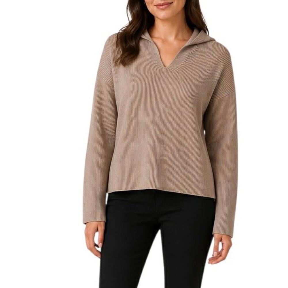 Tahari Hooded Sweater Ribbed Tan Split Sides V Neck Size Medium